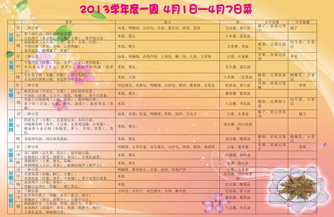 北大附属实验学校4月第一周菜谱