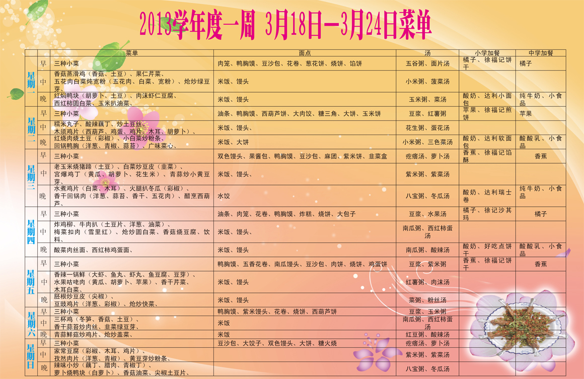 北大附属实验学校3月18日-24日食谱